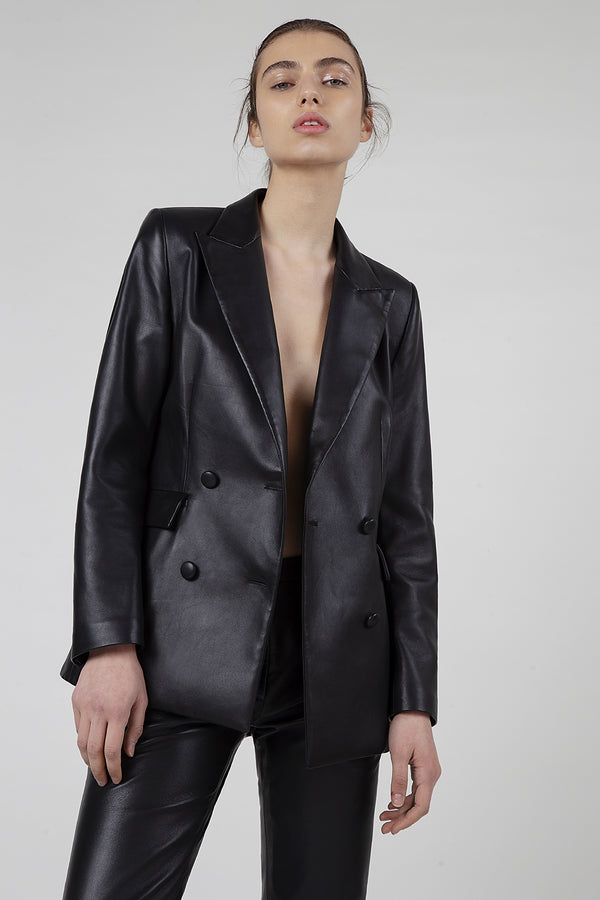 BLACK LEATHER DOUBLE-BREASTED JACKET