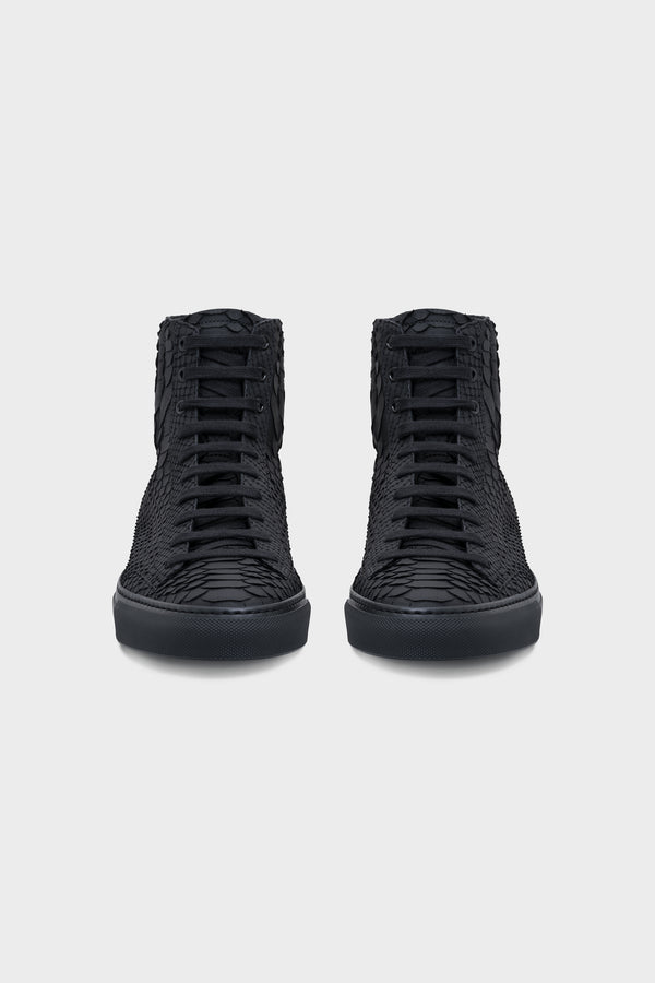RUBBERIZED BLACK PYTHON HIGH TOP SNEAKERS