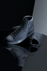 RUBBERIZED BLACK PYTHON HIGH TOP SNEAKERS