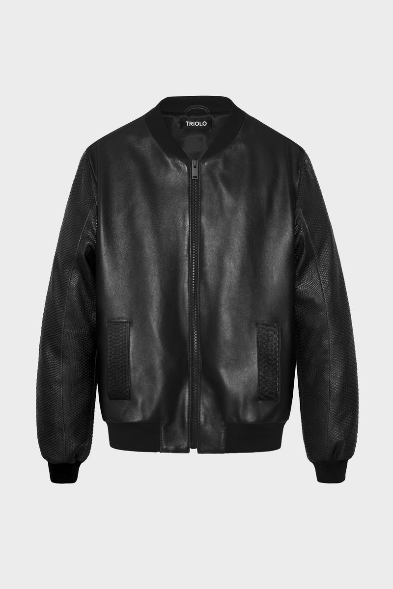 BLACK BOMBER JACKET WITH BLACK PYTHON SLEEVES