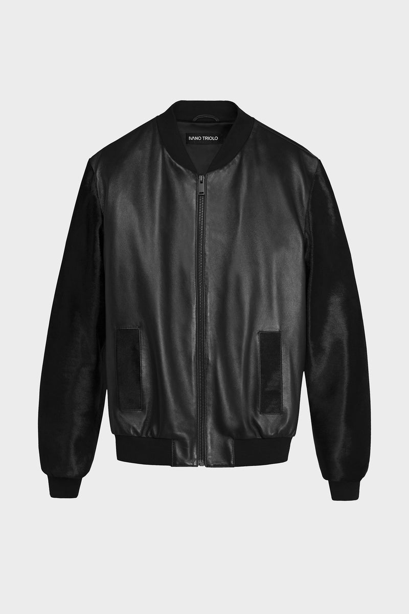 BLACK BOMBER JACKET WITH BLACK CALF SLEEVES – Ivano Triolo