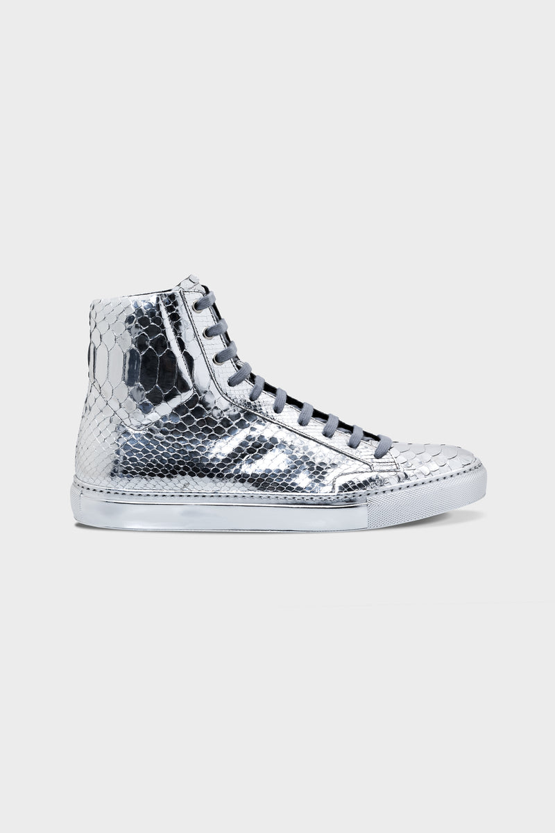 SNEAKERS ALTE IN PITONE ARGENTO SPECCHIATO 