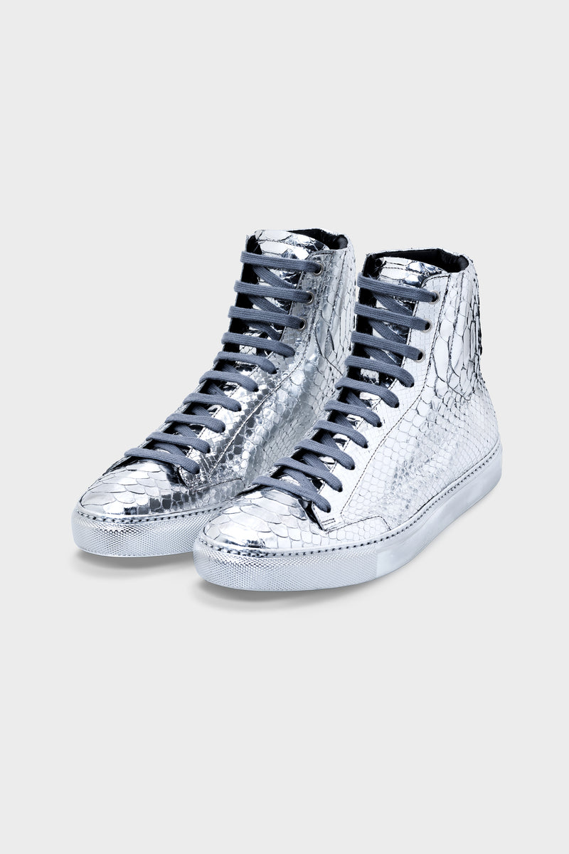 SNEAKERS ALTE IN PITONE ARGENTO SPECCHIATO 