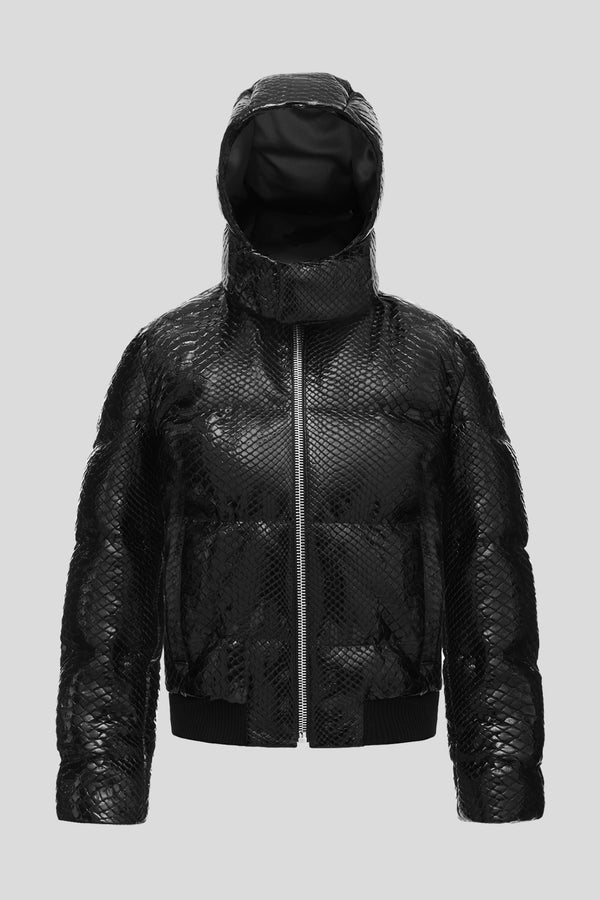 BLACK PATENT PYTHON DOWN JACKET